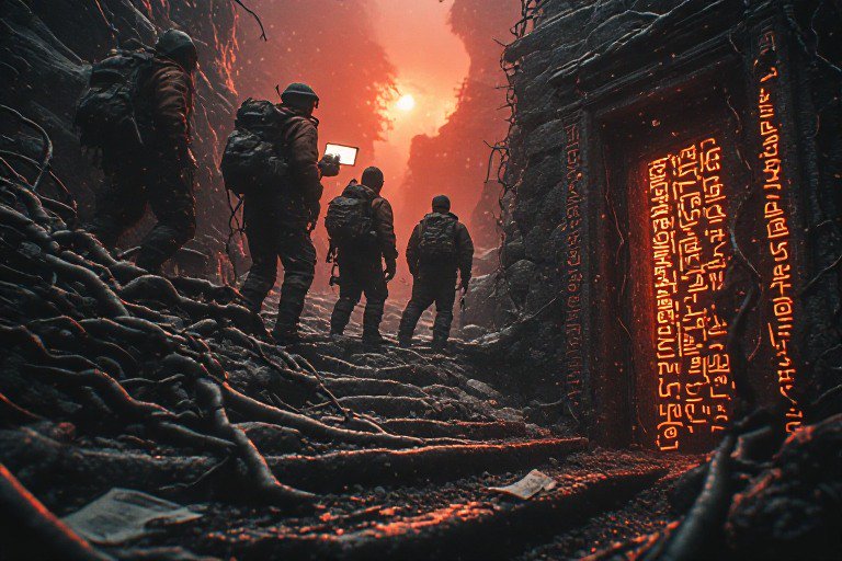 Group of soldiers exploring a lava-lit ancient ruin with glowing runic gate
