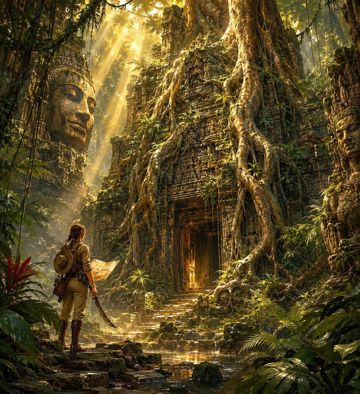 Explorer stands before ancient jungle temple overgrown with roots, sunbeams filtering through the canopy.