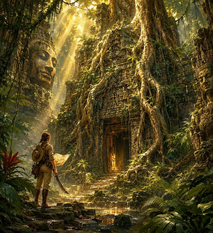 Explorer stands before ancient jungle temple overgrown with roots, sunbeams filtering through the...