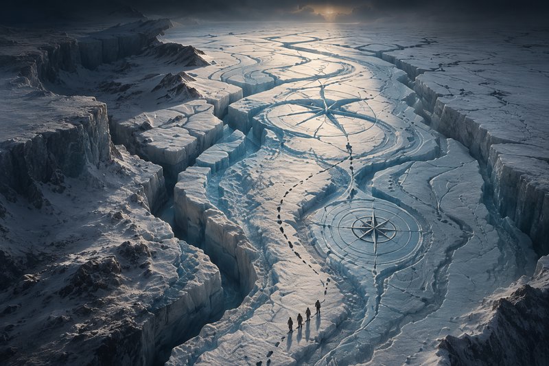 Group of explorers trek across a frozen canyon with circular ice patterns and compass-like designs.