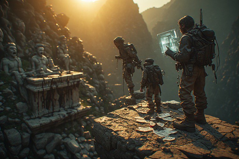 Three armored explorers on a cliff ledge among coins and ancient statues at sunset.