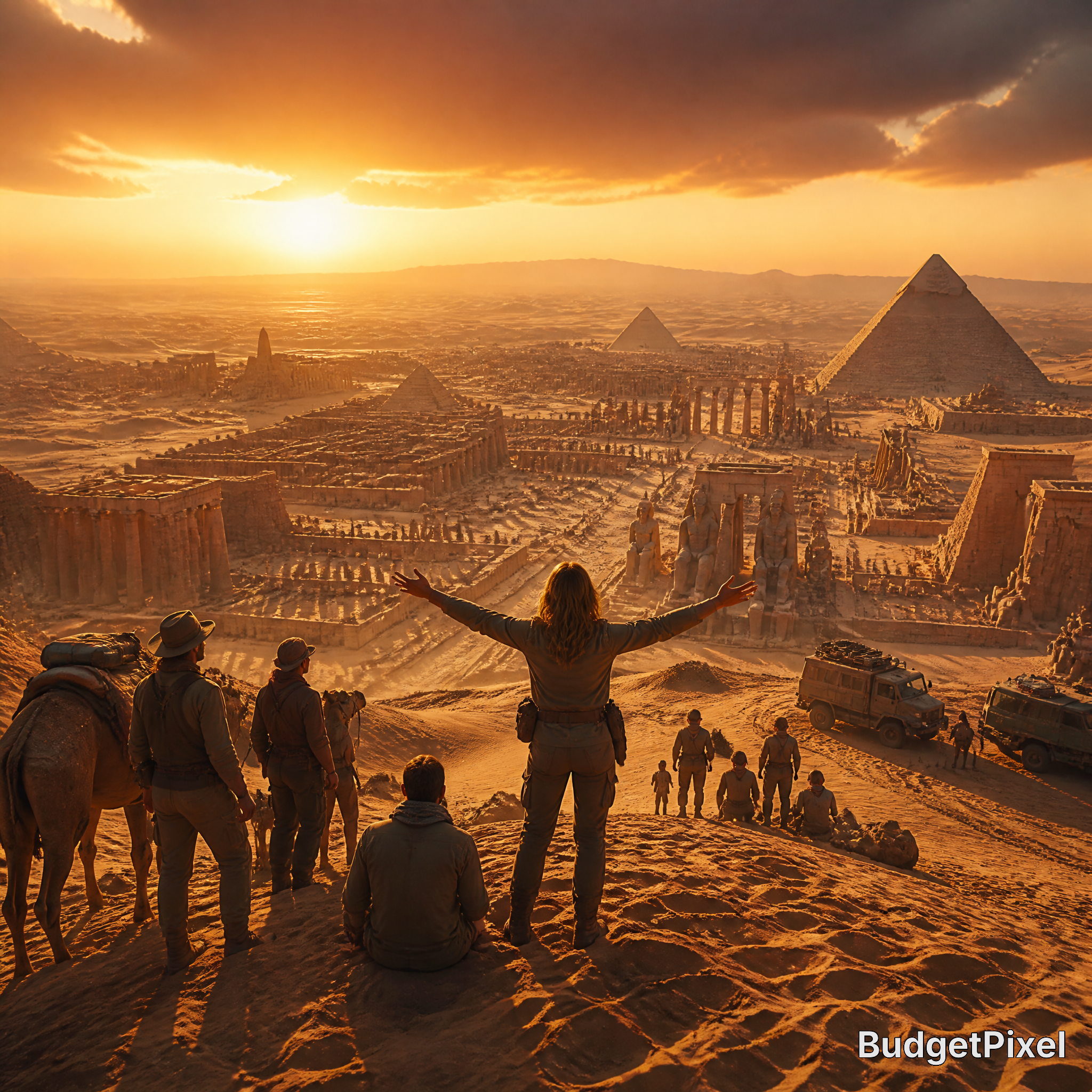 Sunset over the Giza pyramids with tourists on a sand dune, one person with arms raised.