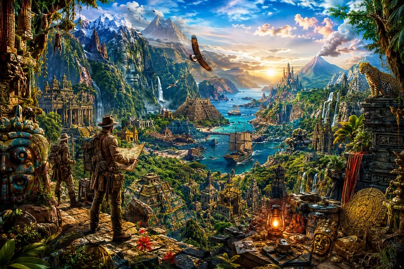 Two explorers overlook a lush jungle ruin city with temples, ships, and a sunset over turquoise w...