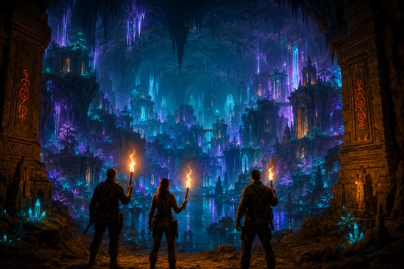 Three explorers with torches stand before a glowing crystalline cavern of ancient ruins.