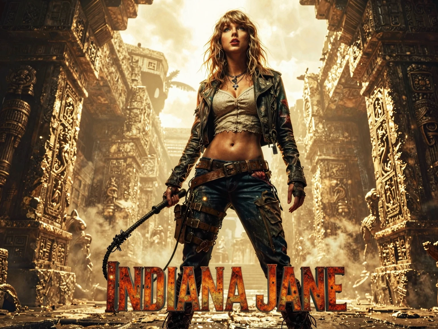 Indiana Jane in a leather jacket and crop top stands confidently in ancient temple ruins, gripping a whip.