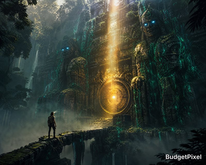 A lone explorer stands on a mossy stone ledge before an ancient temple gateway glowing with golde...