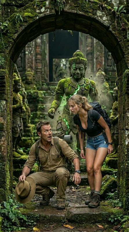 Adventurers explore a moss-covered ancient temple with glowing green cracks and stone statues.