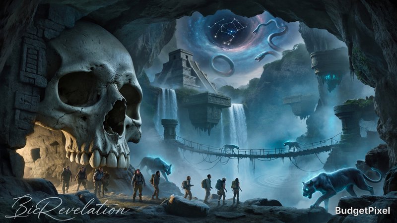 Fantasy cavern scene with a giant skull, explorers, glowing blue panthers, and ancient ruins unde...