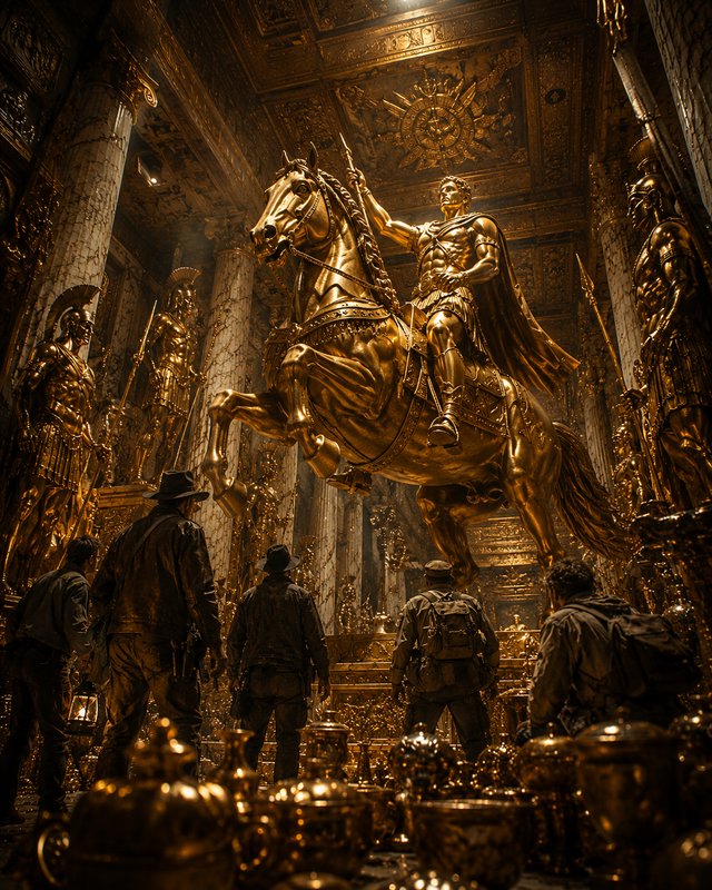 Golden equestrian statue in a grand, ornate hall with marble columns and soldiers nearby