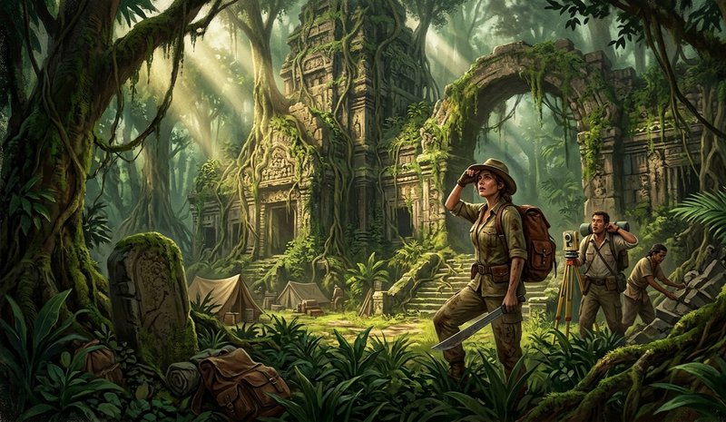 Explorers navigating dense jungle ruins with mossy stone structures and sunlight streaming throug...