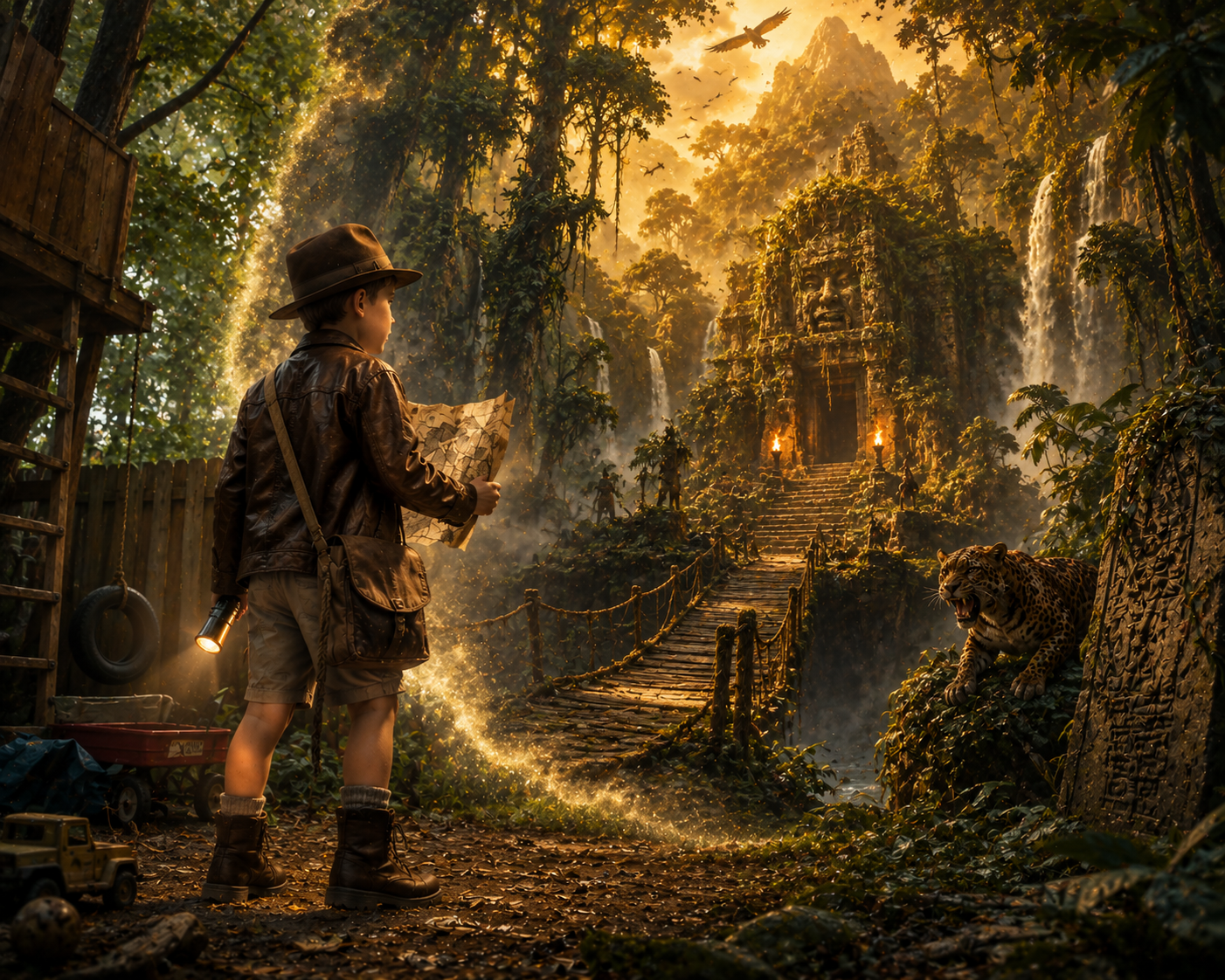A young explorer in a hat studies a map near an ancient jungle temple with a leopard nearby.
