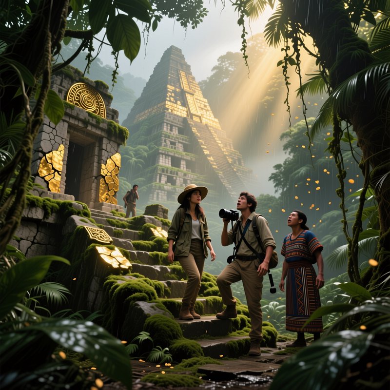 Adventurers in a dense jungle exploring an ancient stone pyramid temple bathed in sunlight.