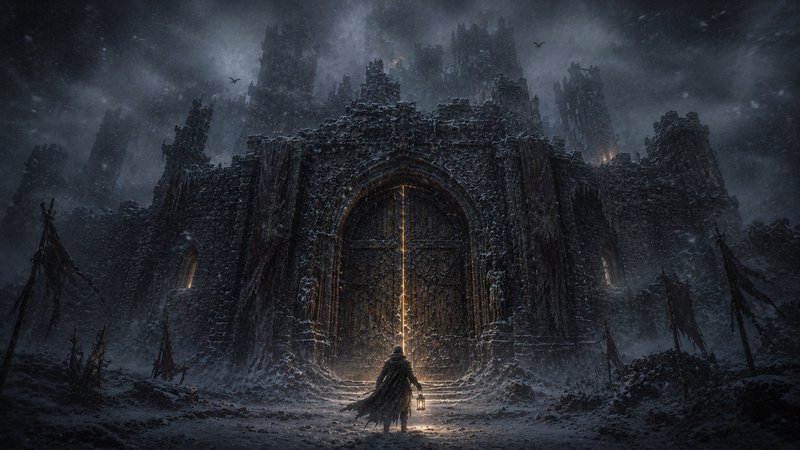 A lone figure with a lantern approaches a glowing gate inside a towering, snow-covered Gothic for...