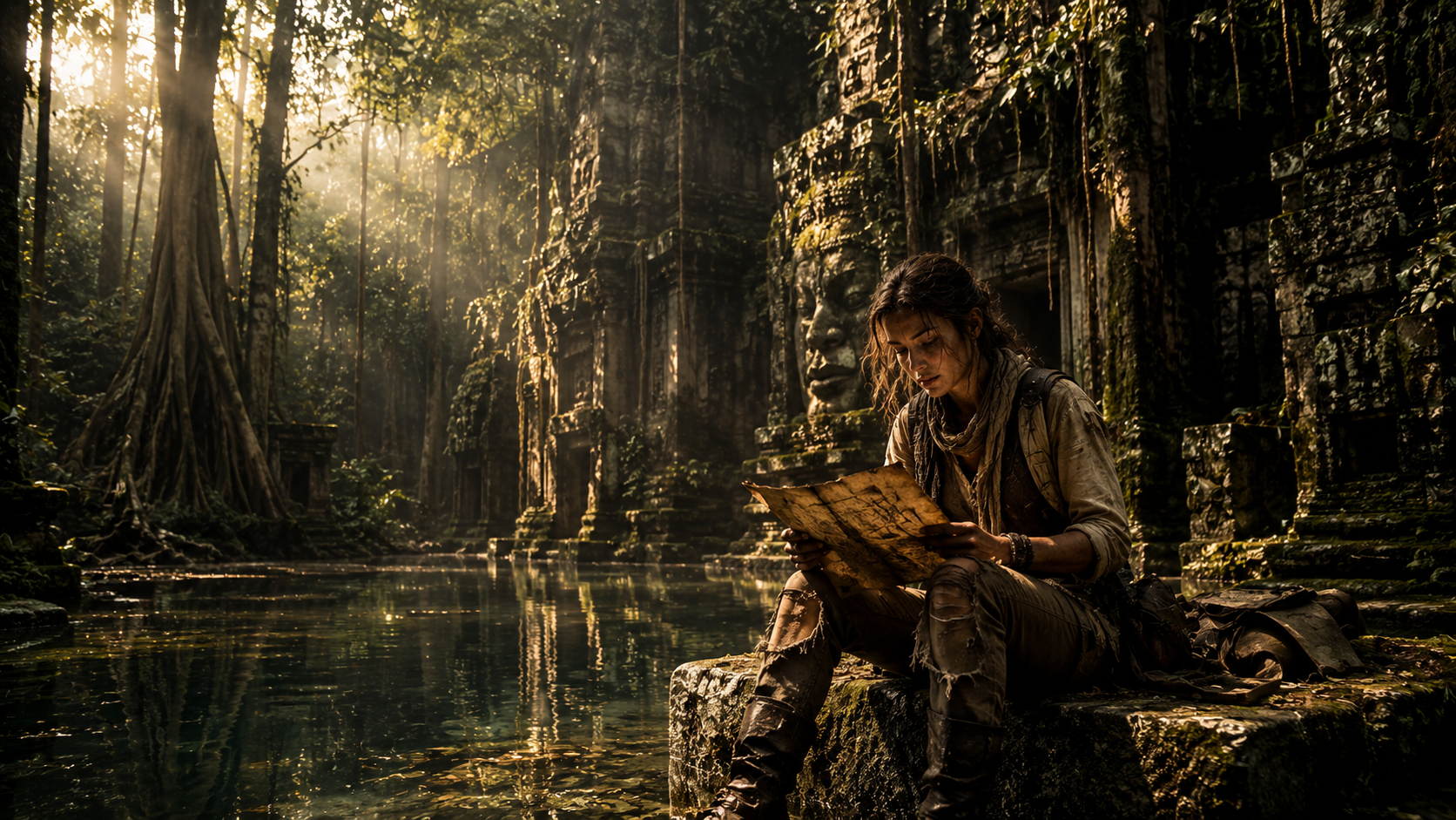 Woman explorer sits on ancient mossy temple ruins by water, reading a weathered map.