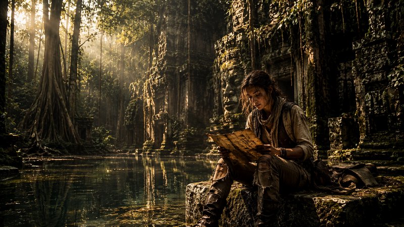 Woman explorer sits on ancient mossy temple ruins by water, reading a weathered map.