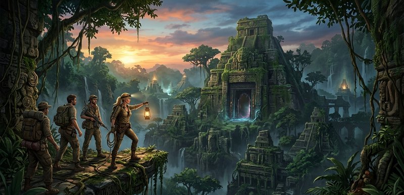 Group of explorers approaching a glowing ancient temple ruin in a lush jungle at sunset.