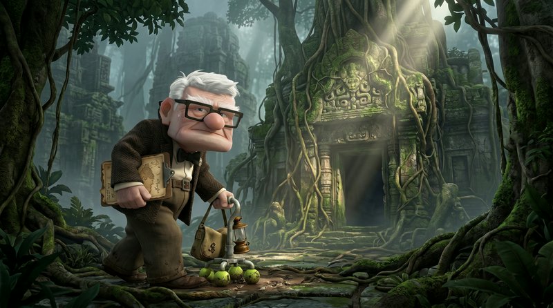 Old cartoon explorer in a jungle near a mossy ancient temple, lantern in hand.