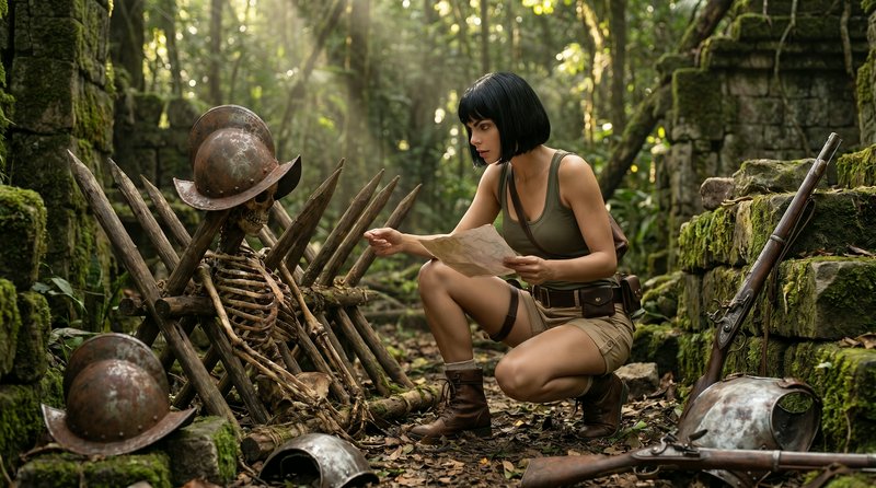 Adventurer woman in jungle ruins studying a map beside skeletal spikes.