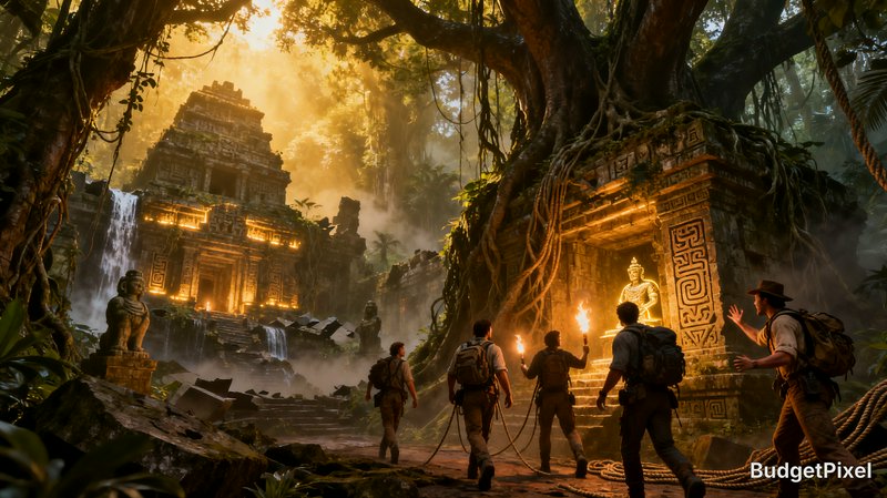 Adventurers explore a sunlit ancient jungle temple surrounded by vines and statues.