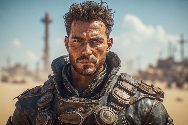 Rugged male soldier in weathered armor standing in a dusty desert battlefield