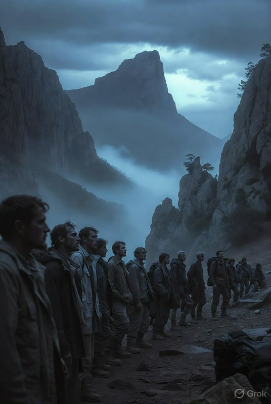 Line of travelers in rugged coats standing in a misty canyon with towering blue-grey mountains.
