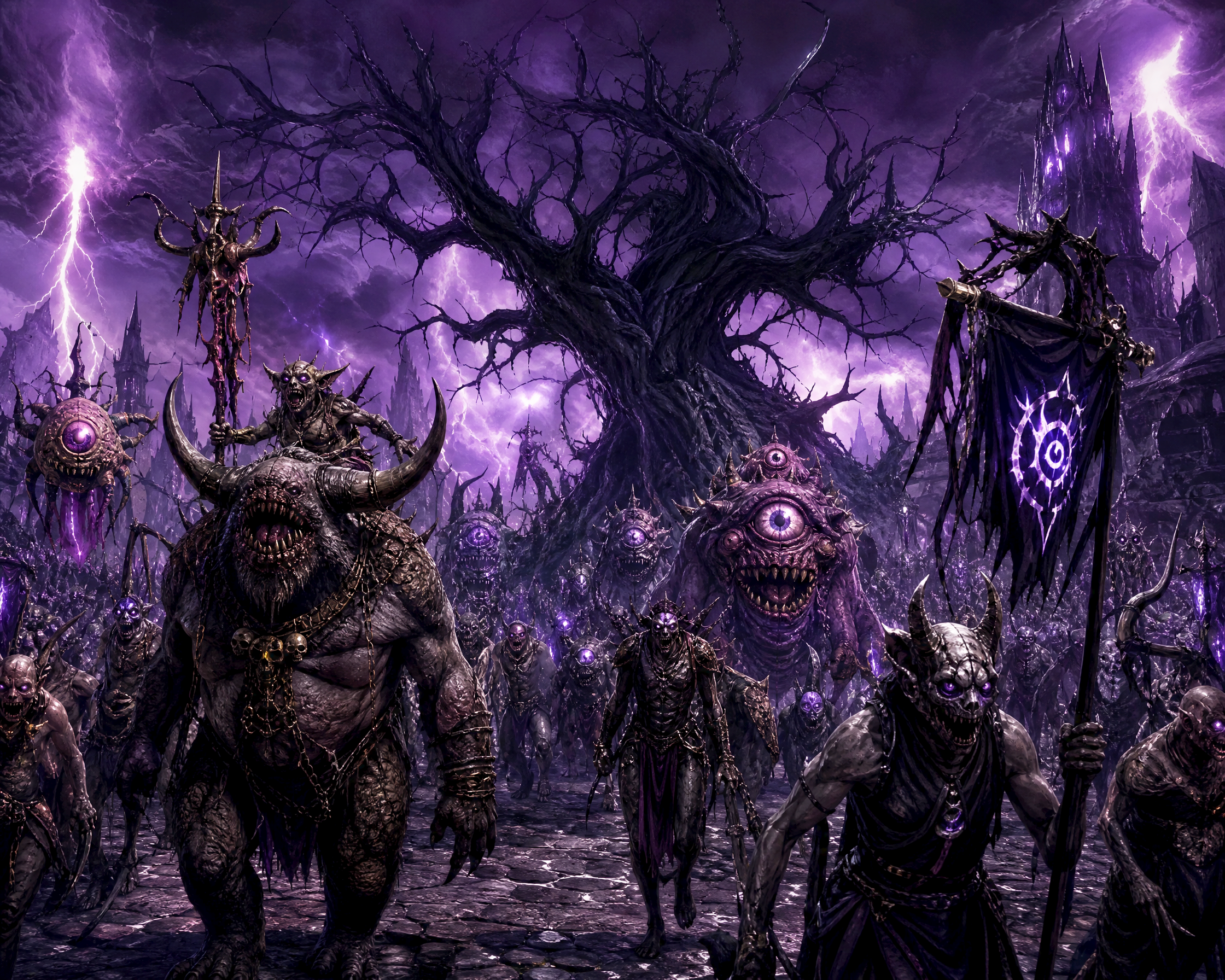 Dark purple battlefield with horned demons marching under a twisted, leafless tree.