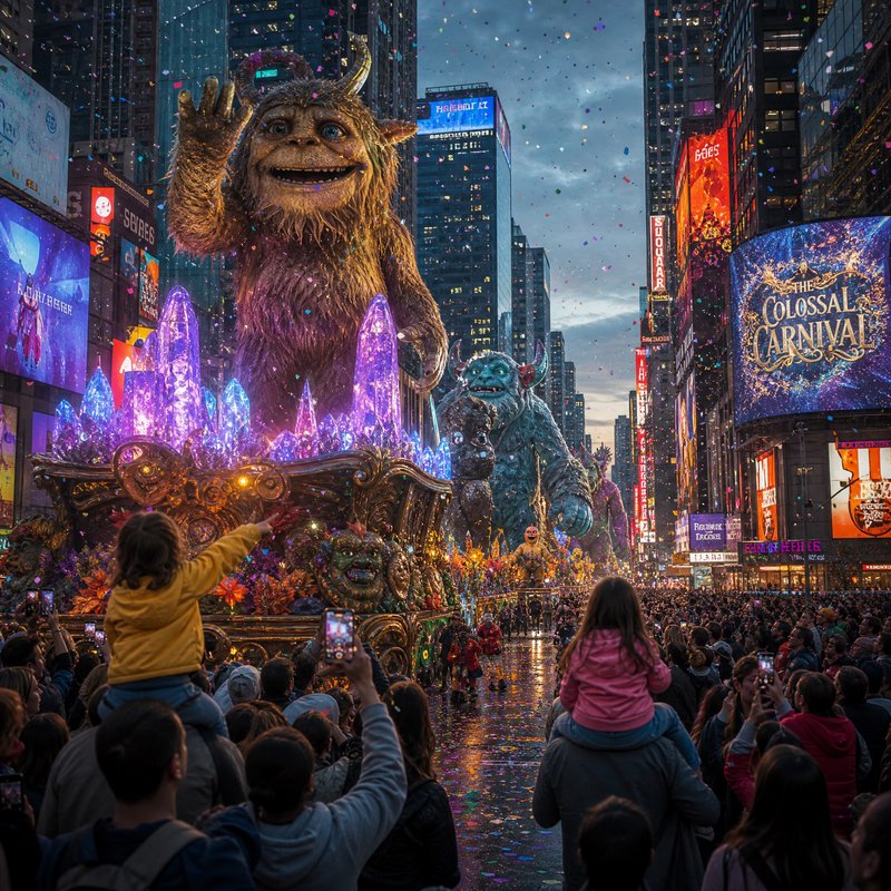 Colorful giant monster parade float in crowded Times Square at dusk with neon lights.