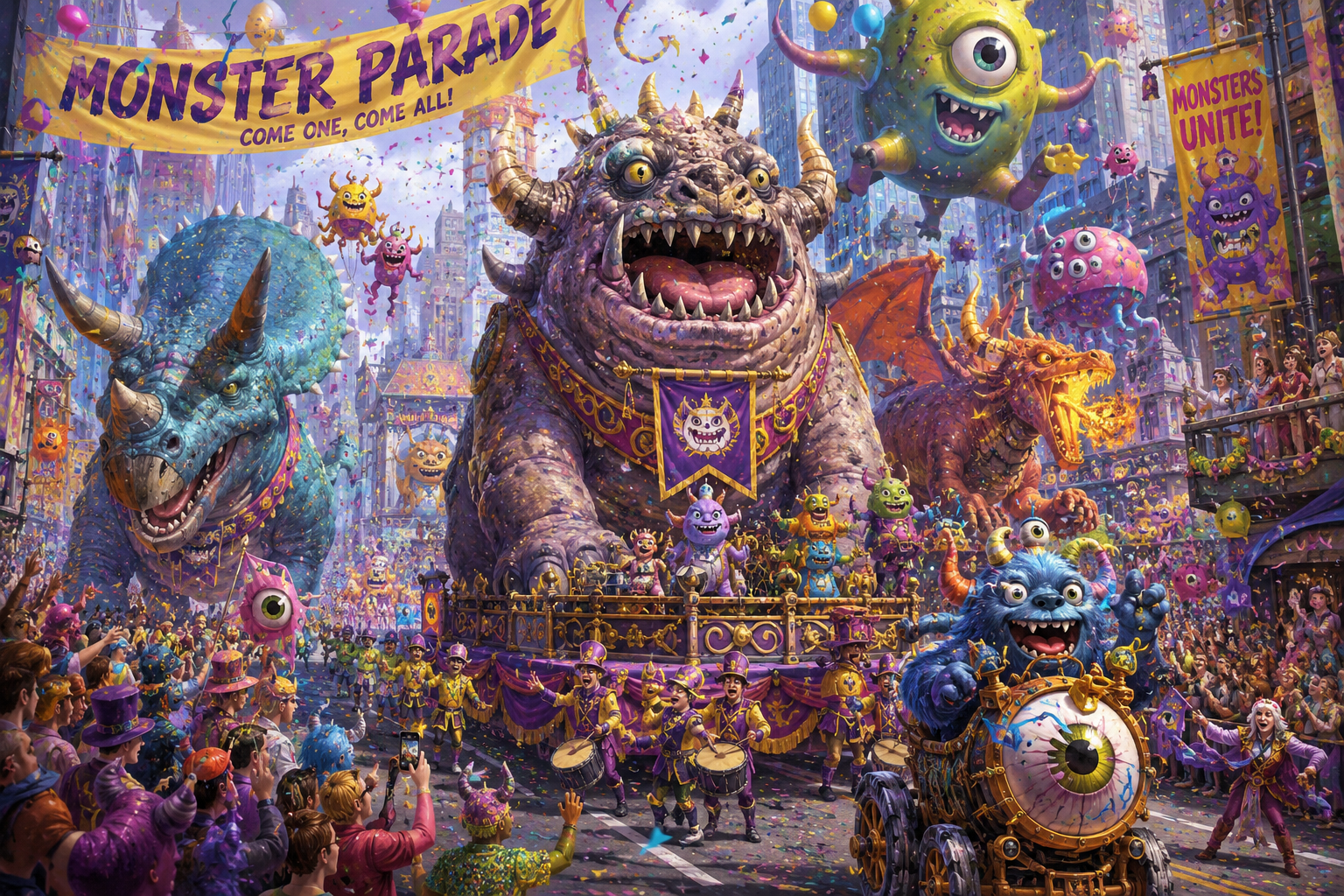 Colorful monster parade featuring a giant purple horned demon float and cheering crowd