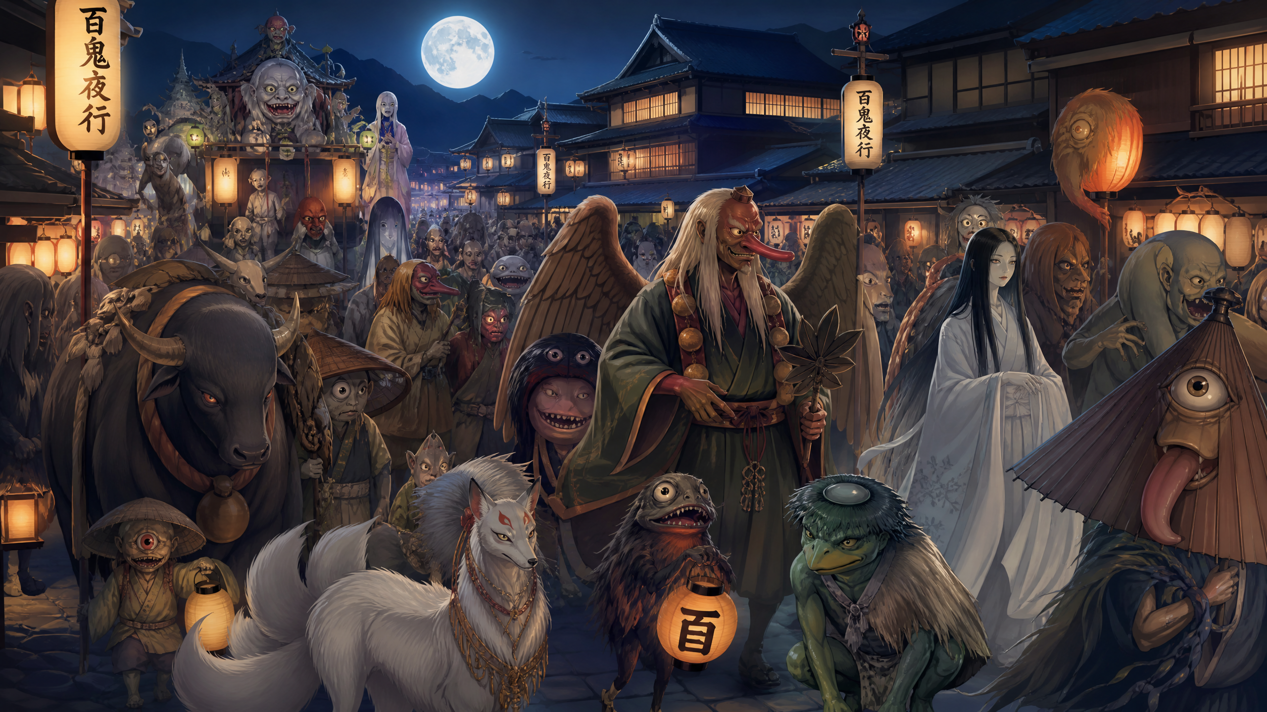 Moonlit night market filled with yokai and fantasy creatures in traditional robes.