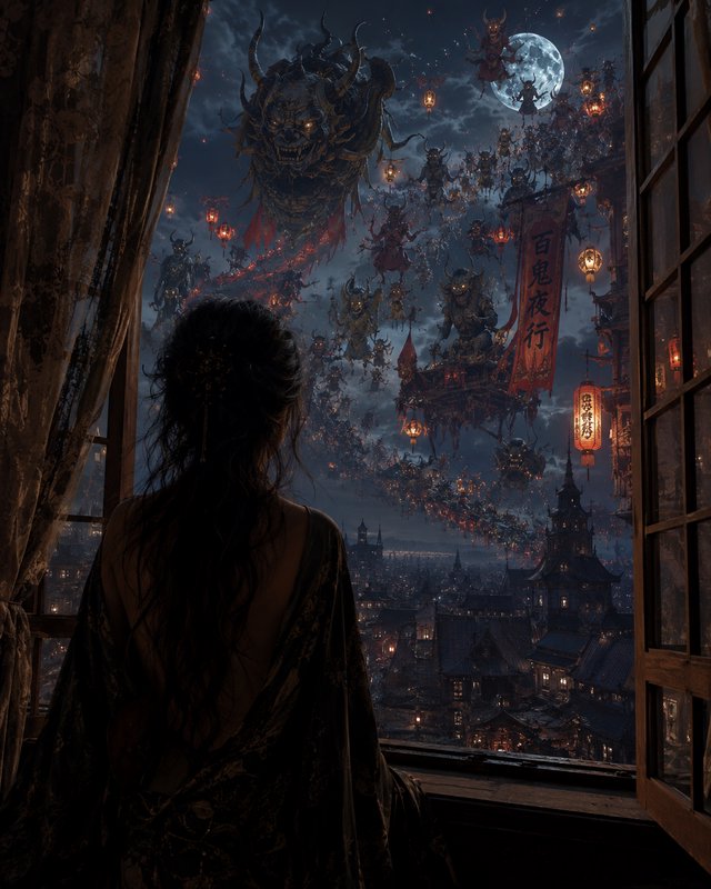 Silhouette of a woman at an open window, overlooking a moonlit fantasy city with a giant dragon and airborne figures.