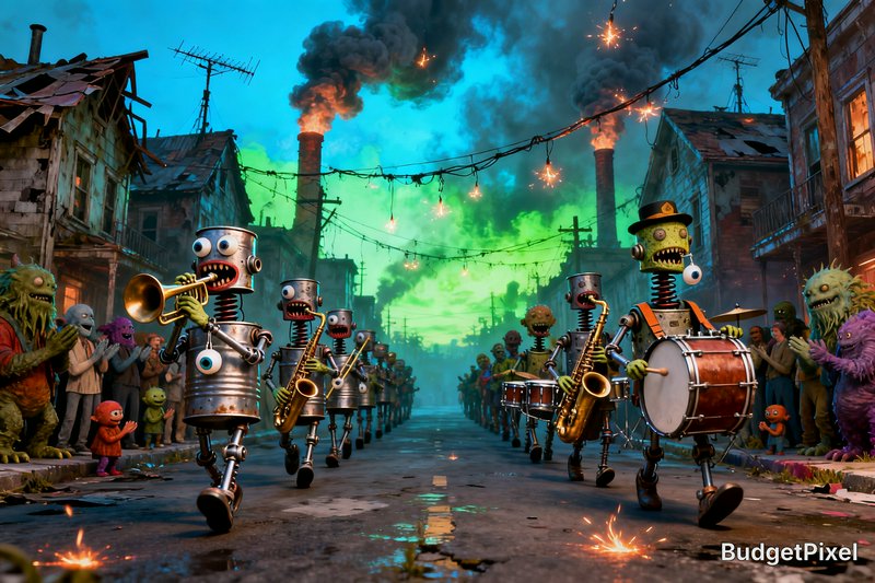 Robotic musicians marching in a spooky, neon-lit street parade with monsters watching.