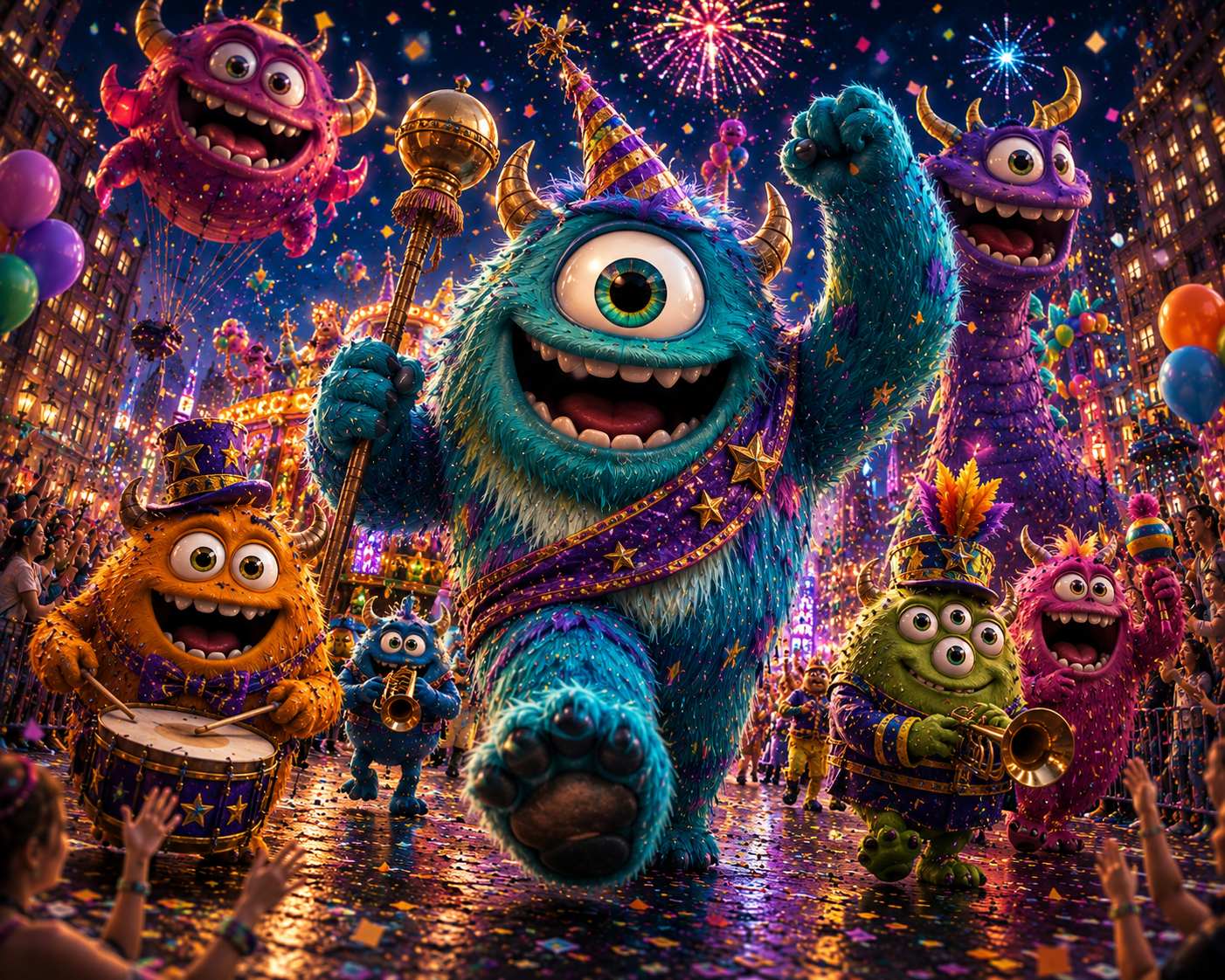 Colorful three-eyed monster leading a festive parade in a city street at night
