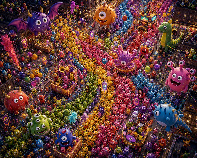 Colorful parade of joyful cartoon monsters filling a city square at night.