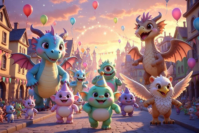 Colorful 3D parade of friendly dragon-like creatures in a festive town.