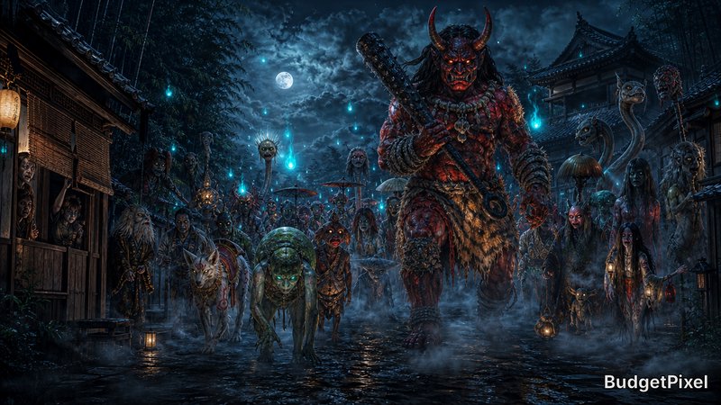 A towering horned demon leads an army of eerie creatures through a moonlit, foggy village street.