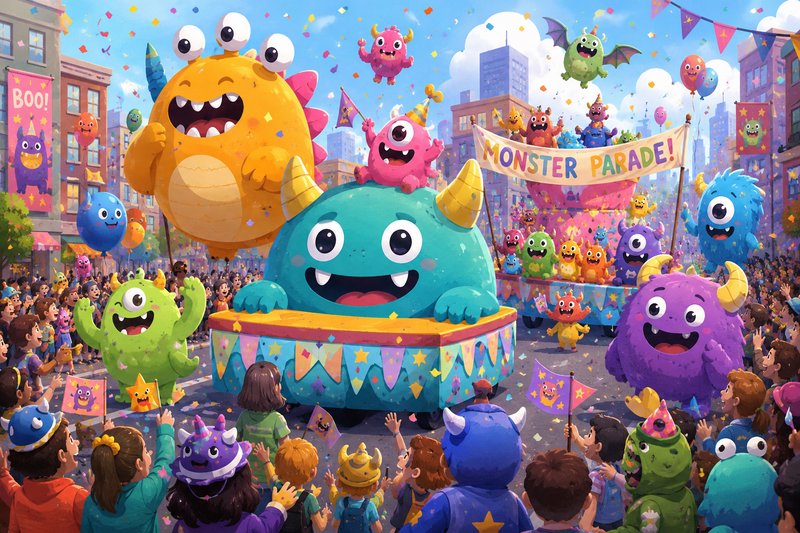 Colorful cartoon monsters parading in a city street with a banner reading “Monster Parade” and ch...