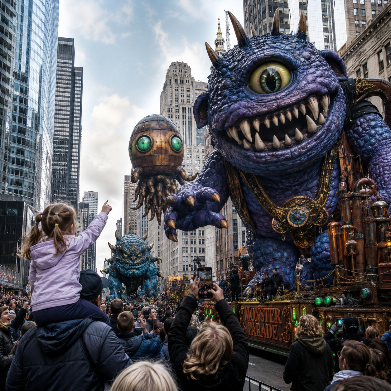 Giant blue monster parade float towering over cheering crowds in a city street.