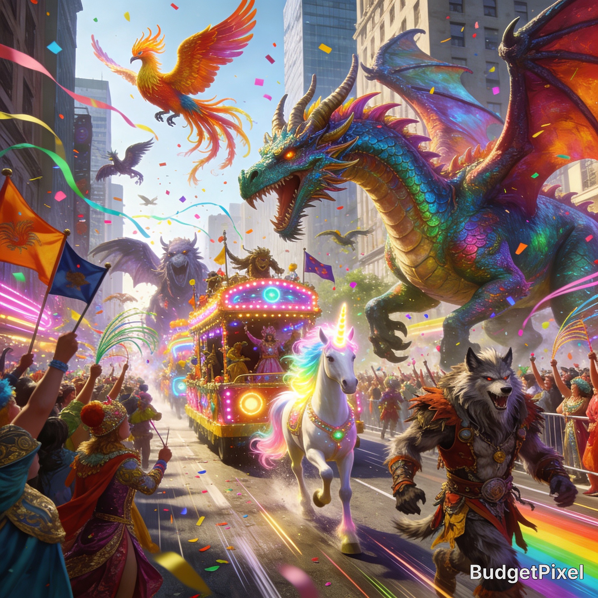 Colorful fantasy parade featuring dragon, unicorn, phoenix in a city street with confetti and rainbow lights.