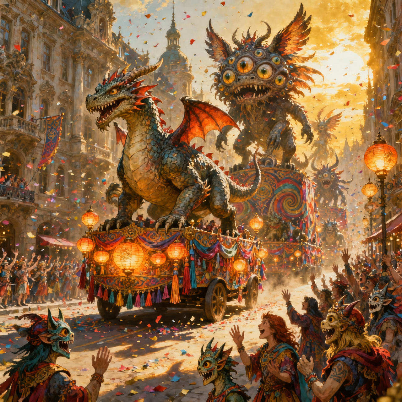 Colorful fantasy parade with a dragon float and multi-eyed monsters amid confetti in a bright city street.