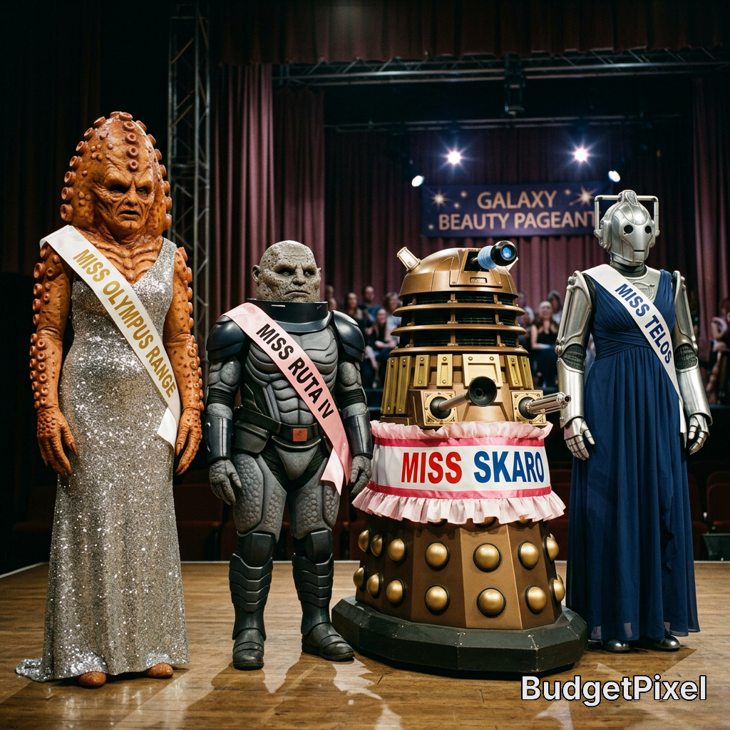 Group of sci-fi pageant contestants on stage, including a Dalek and two alien-costumed contestants with sashes.