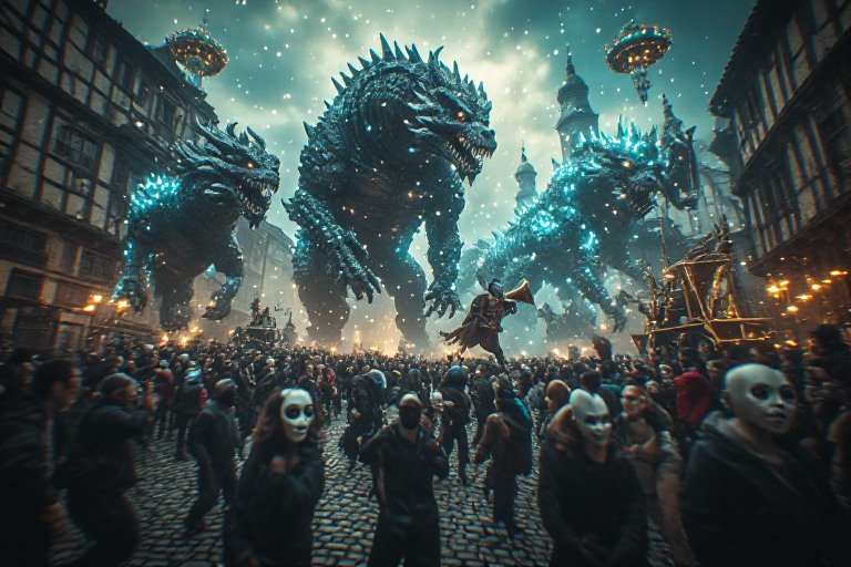 Three blue, glowing dragons tower over a crowded medieval street battle.