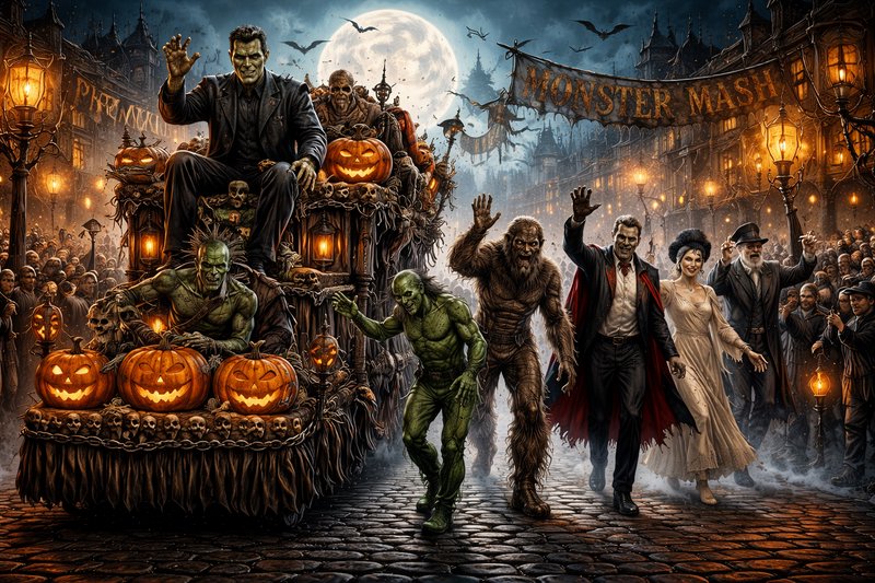 Halloween parade scene with monsters, pumpkin lanterns, and a full moon over a cobblestone street.