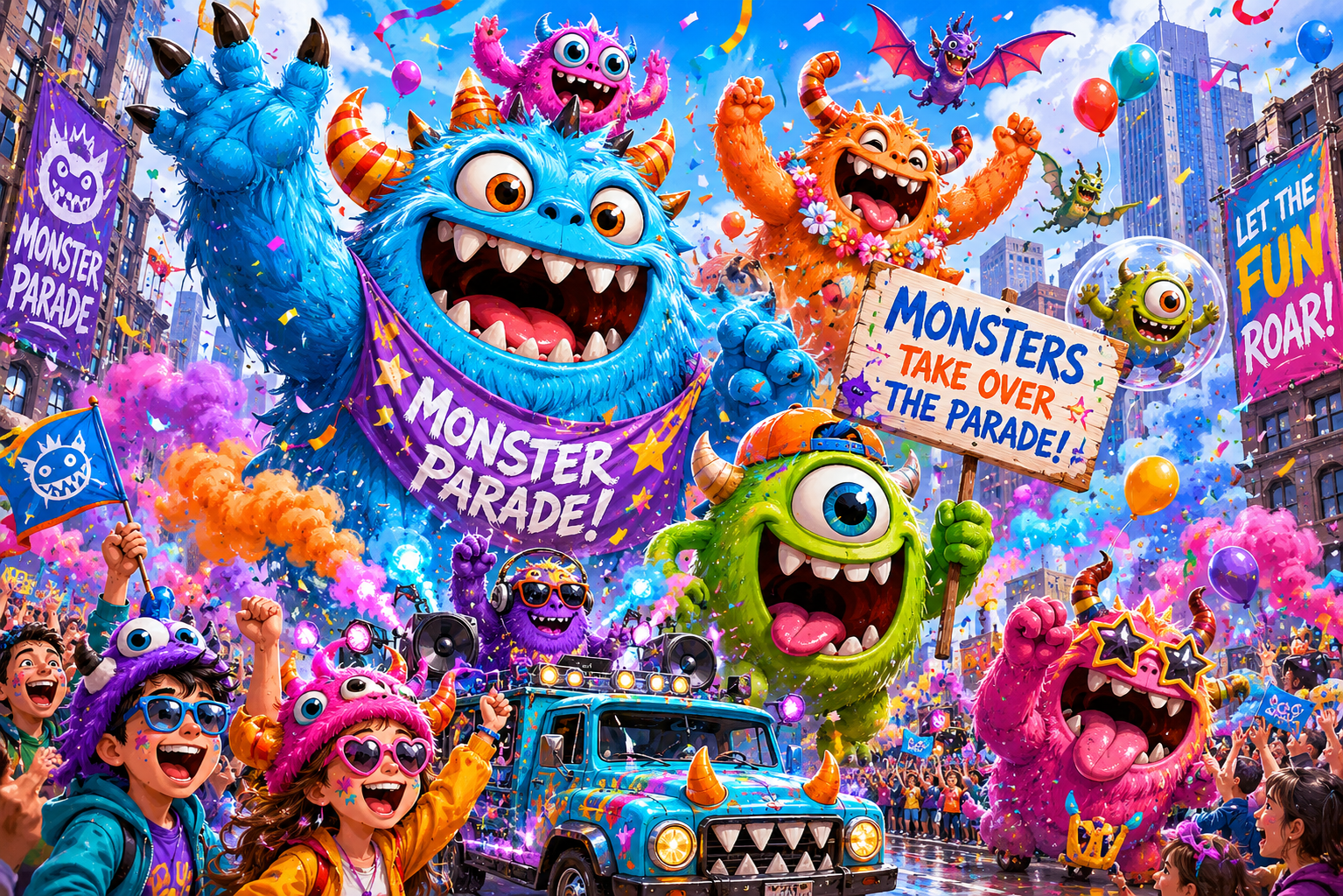 Colorful giant monster parade float leading a lively street parade with banners and confetti.