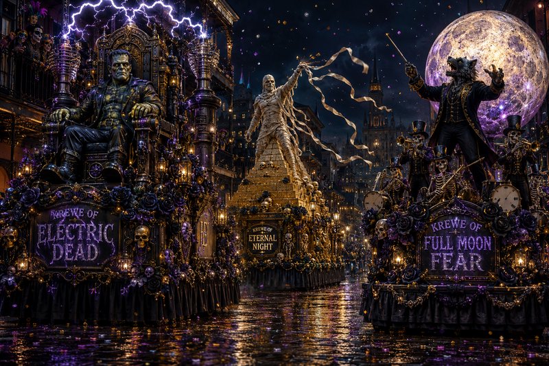 Gothic parade floats at night with Frankenstein statue, mummy figure, skeletal musicians, and a g...
