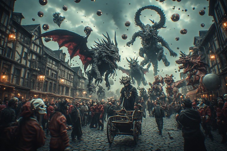 A dramatic fantasy street scene with towering dragons and monstrous creatures over a crowded medieval town square.