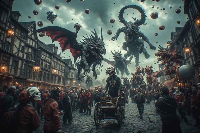 A dramatic fantasy street scene with towering dragons and monstrous creatures over a crowded medi...