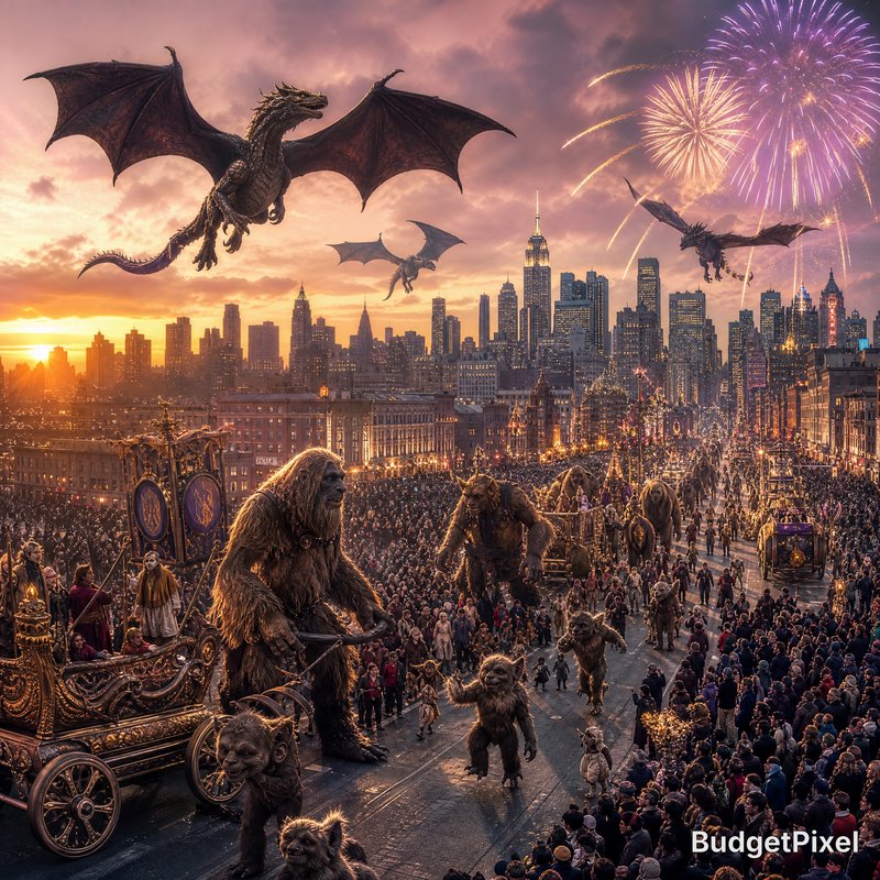 Dragon parade over a city street at sunset with giant creatures, crowds, and fireworks.