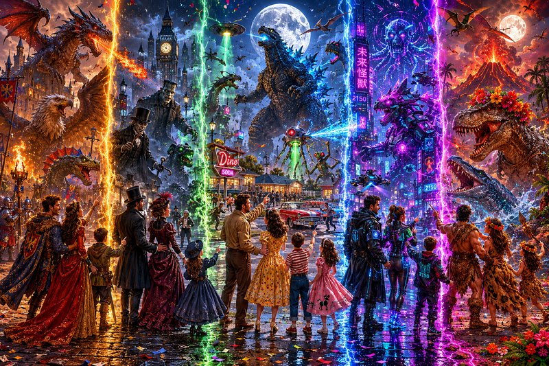 Crowd in vintage outfits watches a neon-lit kaiju invasion in a colorful cityscape.