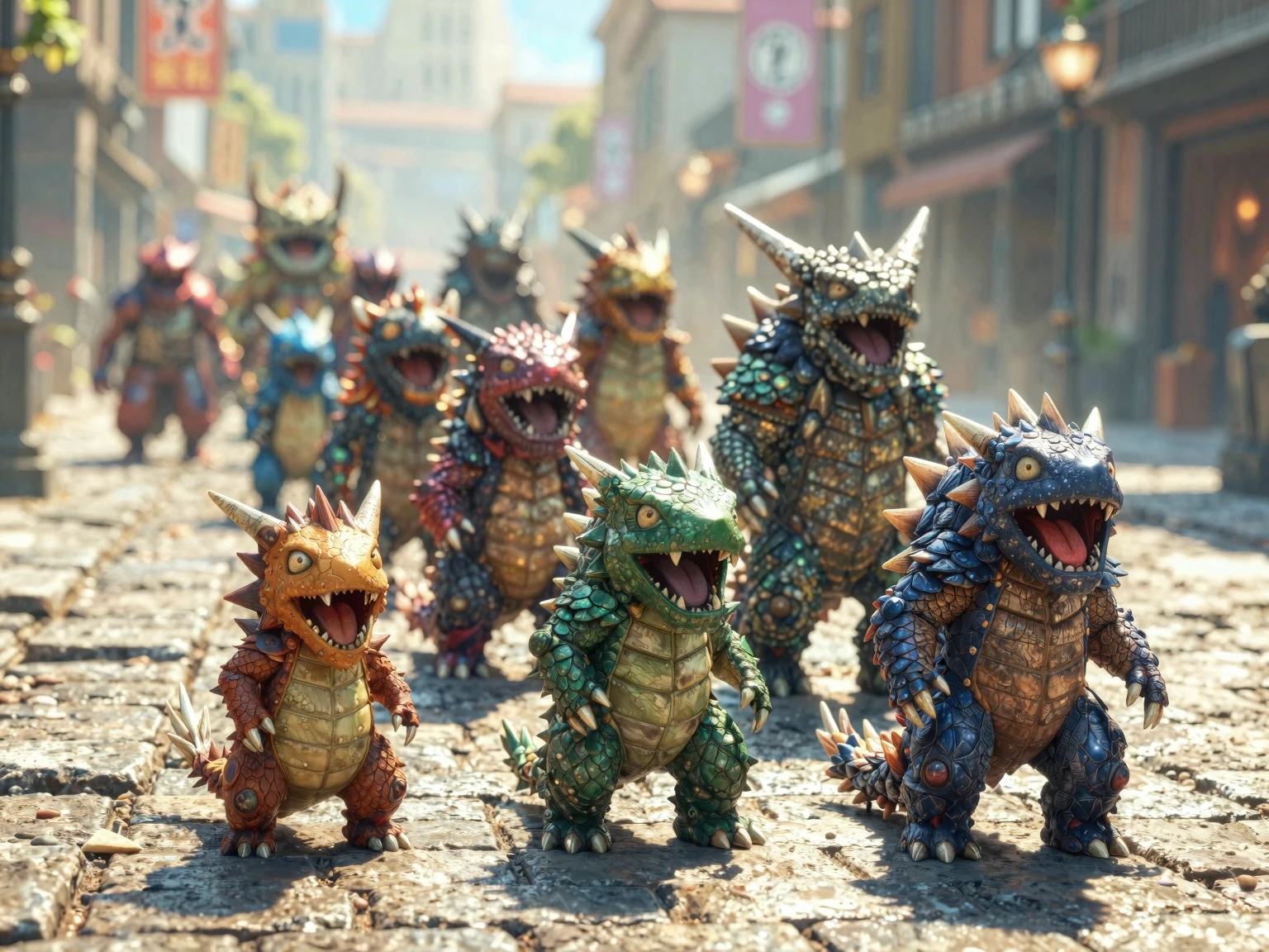 Colorful dragon toy figures marching along a cobblestone street in an urban setting.