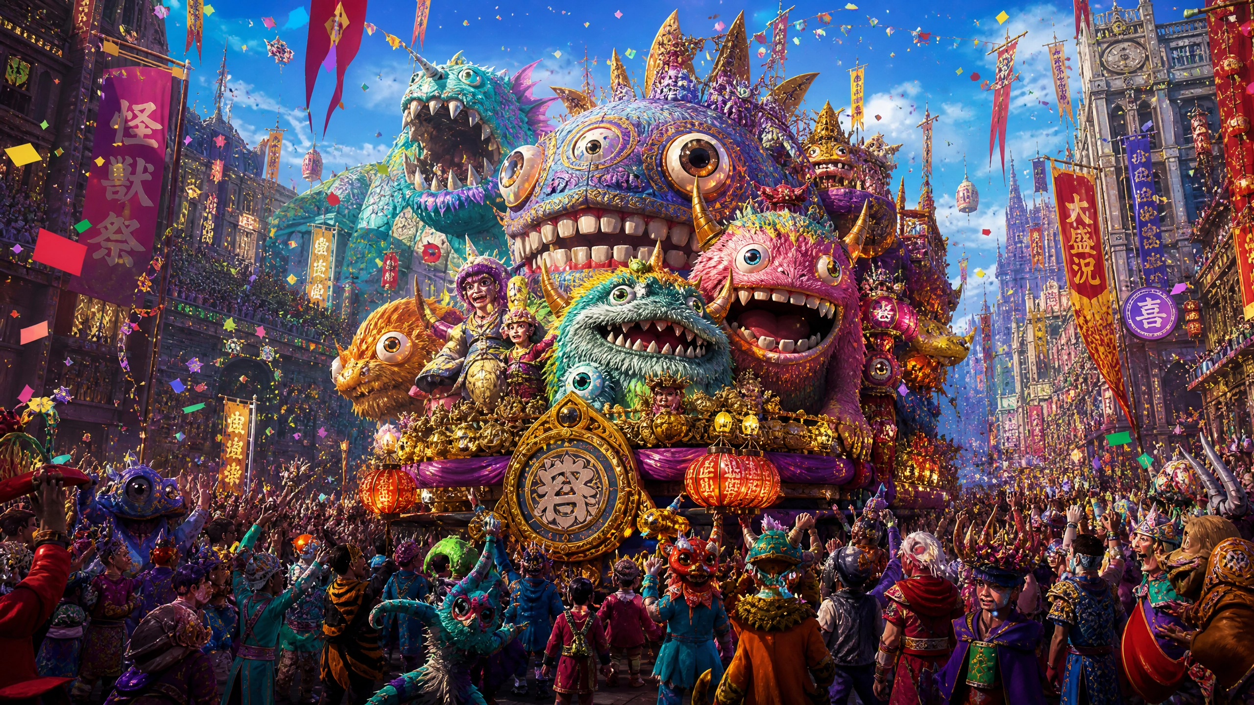 Colorful giant puppets parade with multi-eyed dragon heads in a crowded festive street.